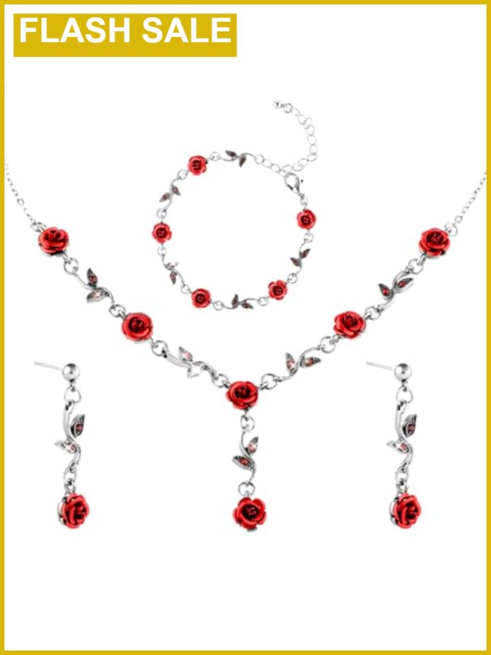 Alloy Rose Jewelry Set Necklace Bracelet Earrings Vintage
